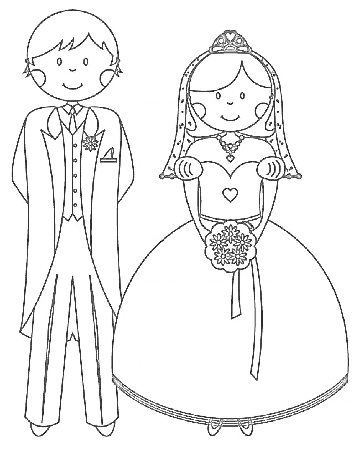 Раскраска Жених и невеста на свадьбе, стоящие вместе. Жених в смокинге, невеста в свадебном платье с букетом.