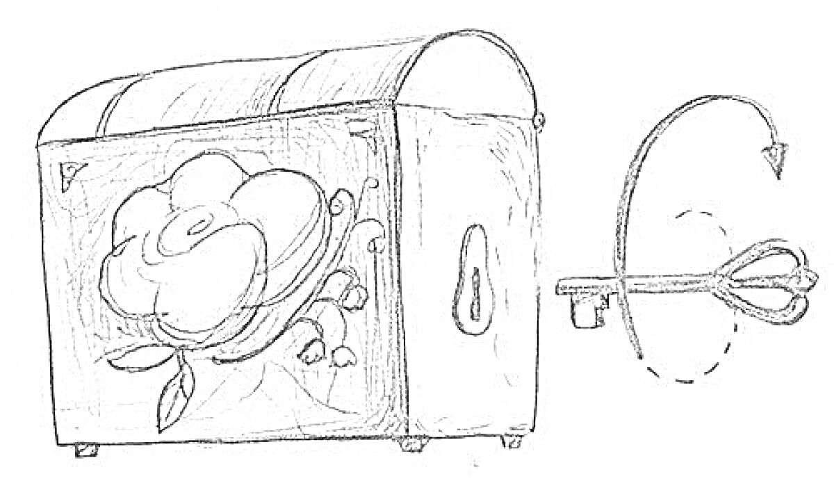 Раскраска Табакерка с цветком и ключ из сказки 