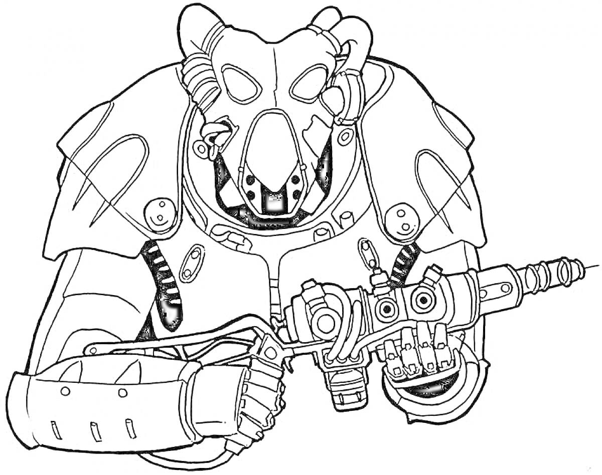 Раскраска Силовая броня с винтовкой из Fallout 4, крупный шлем с трубками, налокотники, винтовка с оптическим прицелом