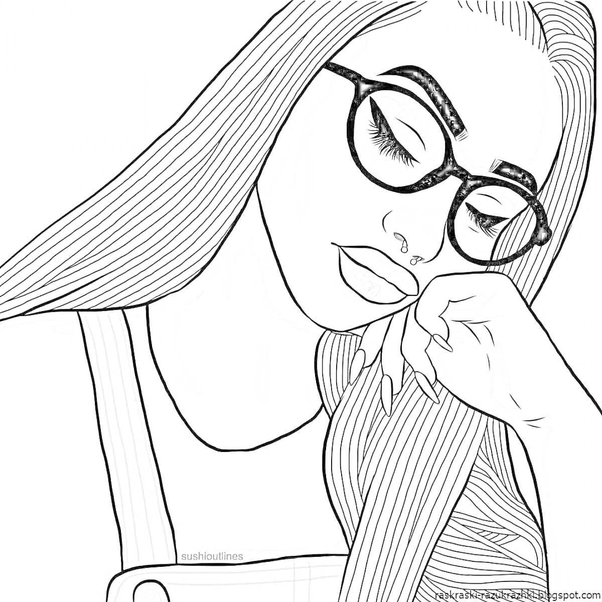Раскраска Девушка в очках с закрытыми глазами, длинными волосами и в одежде с лямками.