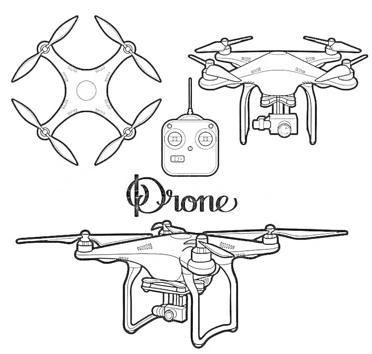 На раскраске изображено: Дрон, Камера, Пульт управления, Летательный аппарат