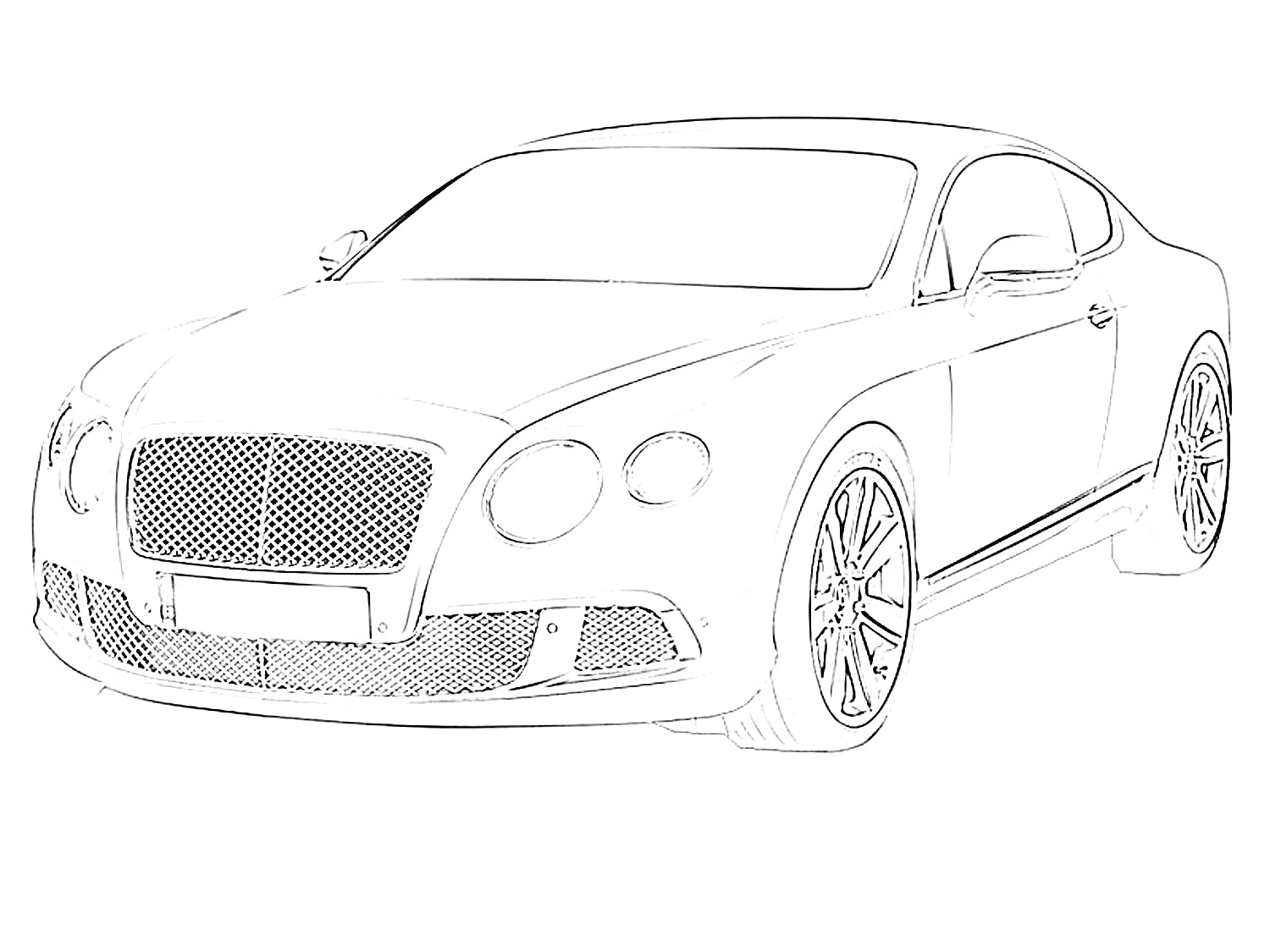 Раскраска Bentley Continental GT, спортивное купе с габаритным передним бампером, массивной решеткой радиатора и круглыми фарами