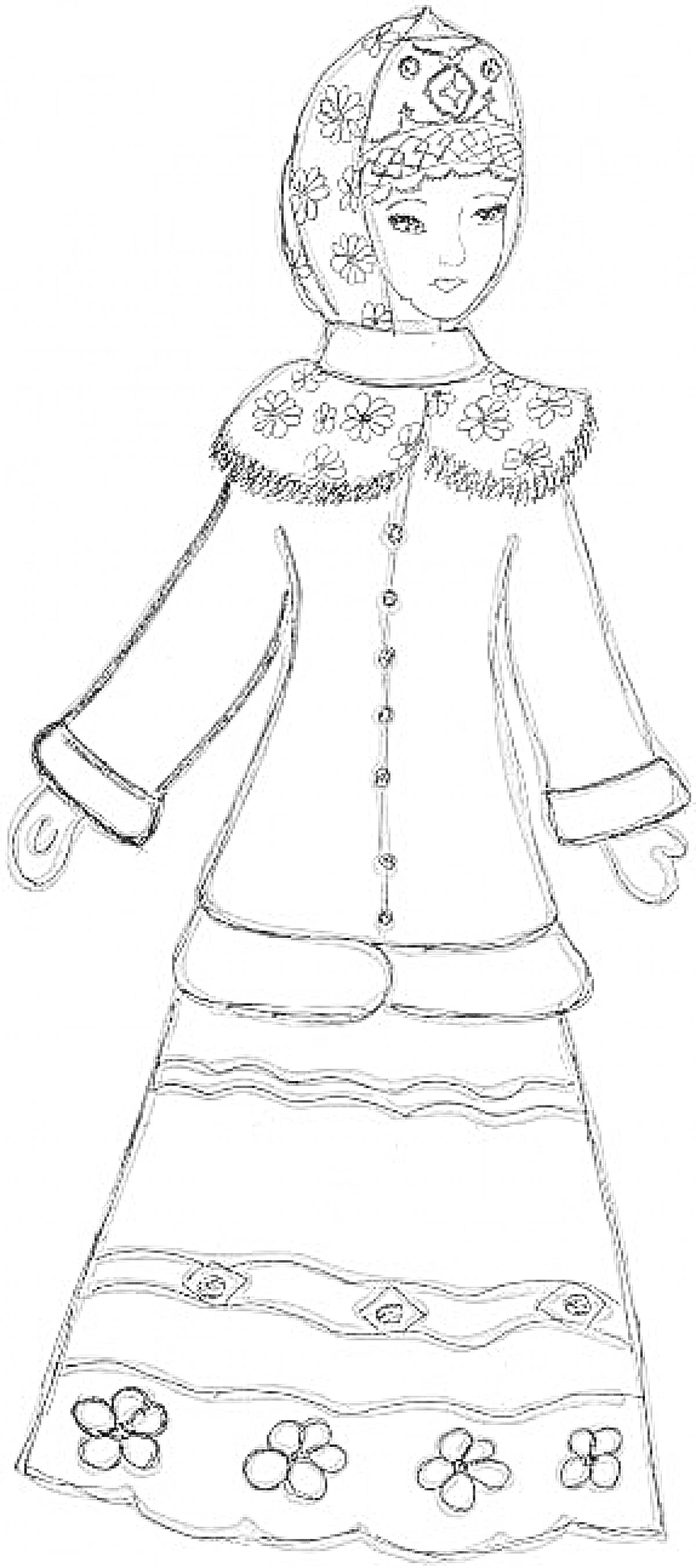 Раскраска Русский народный костюм с кокошником, косовороткой, и длинной юбкой с цветочным орнаментом