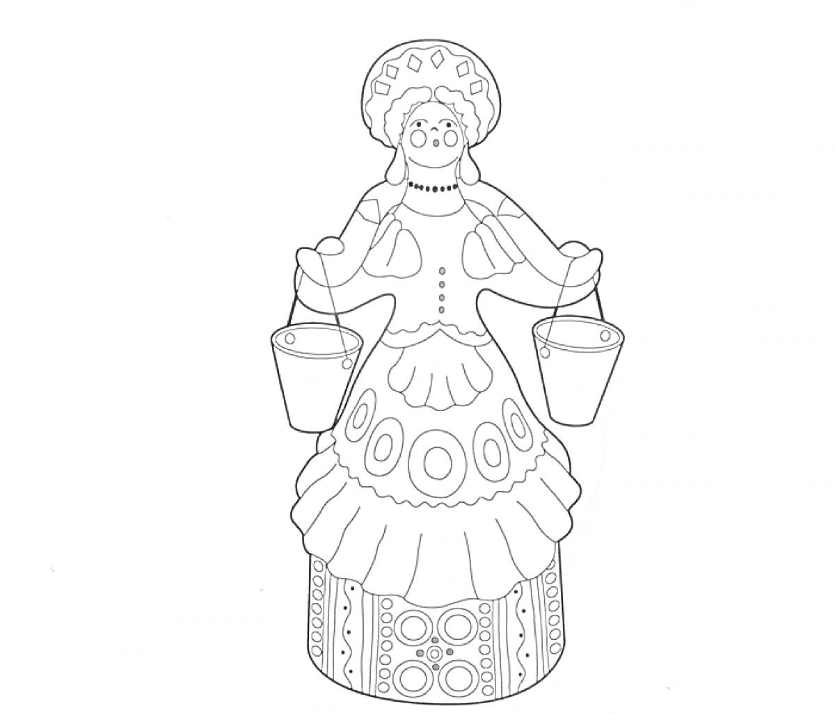 Раскраска Женщина с коромыслом и двумя ведрами, в традиционном наряде с орнаментами и головным убором