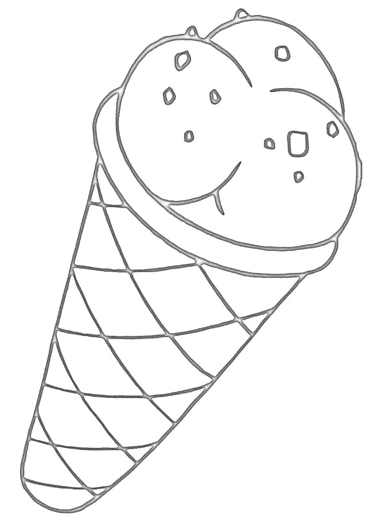 На раскраске изображено: Вафельный рожок, Мороженое, Три шарика, Лакомство, Сладости, Для детей, Десерты