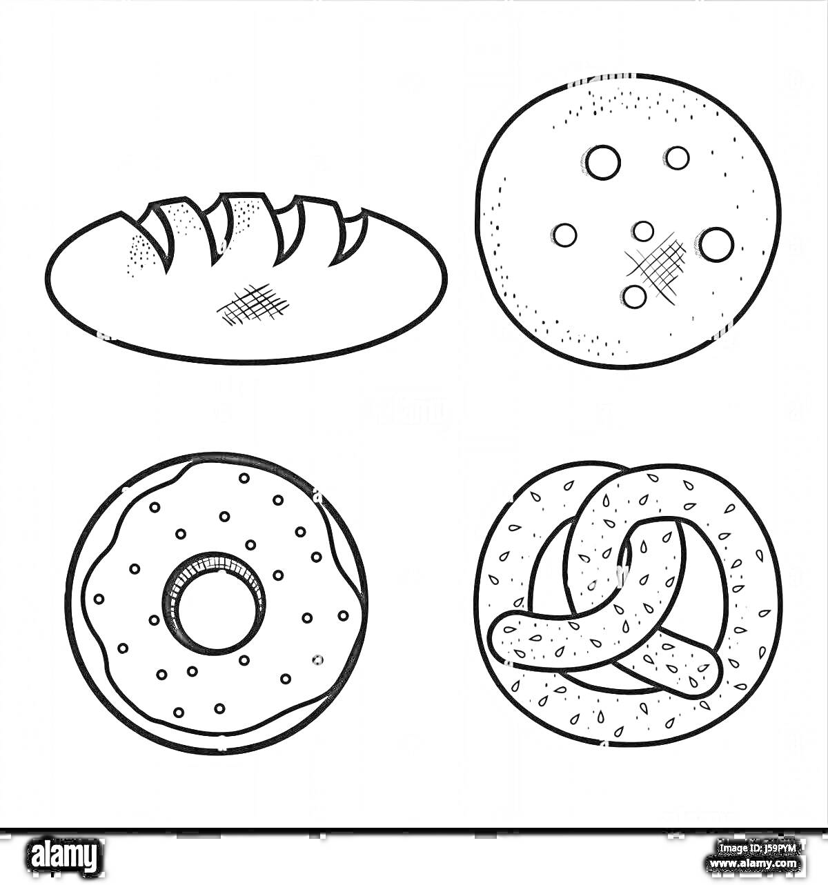 На раскраске изображено: Бублик, Хлеб, Печенье, Пончик, Крендель, Выпечка, Еда