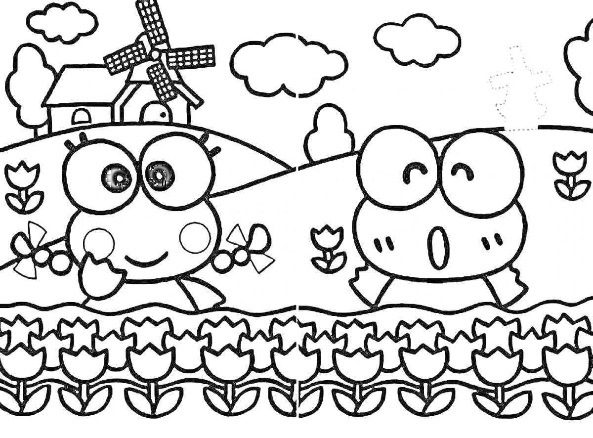 Раскраска Две лягушки из Hello Kitty на цветочном фоне с домиком и мельницей, деревья и облака на заднем плане