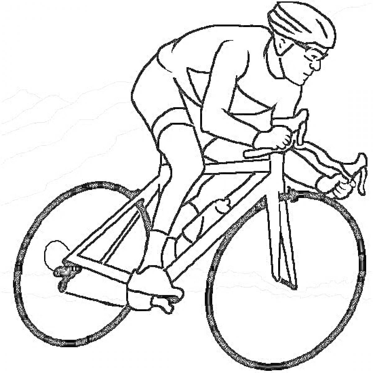 На раскраске изображено: Велосипедист, Велосипед, Спорт, Спортивная одежда, Движение, Линии