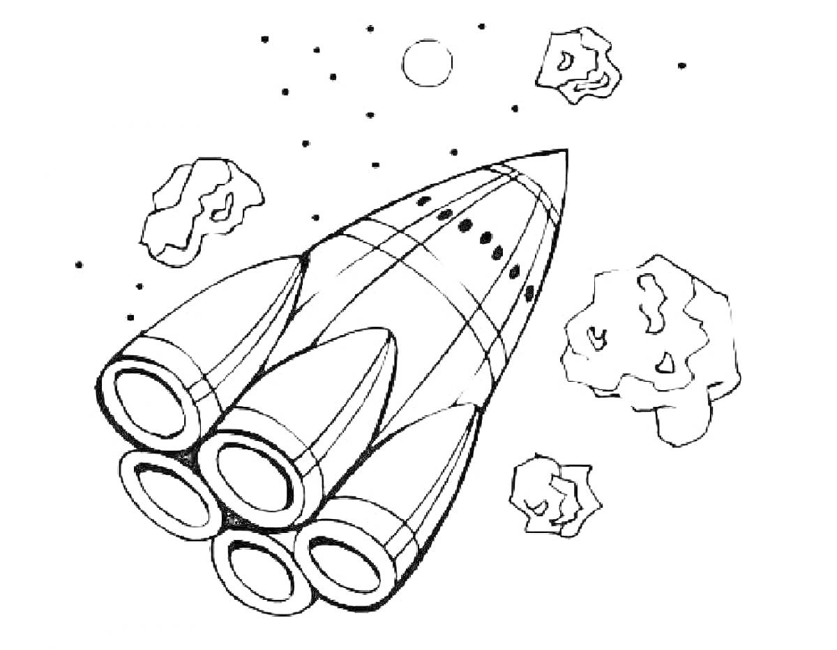 На раскраске изображено: Ракета, Космос, Астероиды, Звезды, Для детей, 6 лет, 7 лет, Творчество