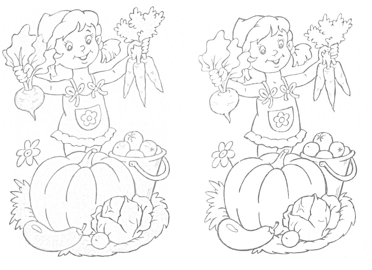 Раскраска Девочка с овощами: тыква, морковь, лук, цветы и корзина с яблоками