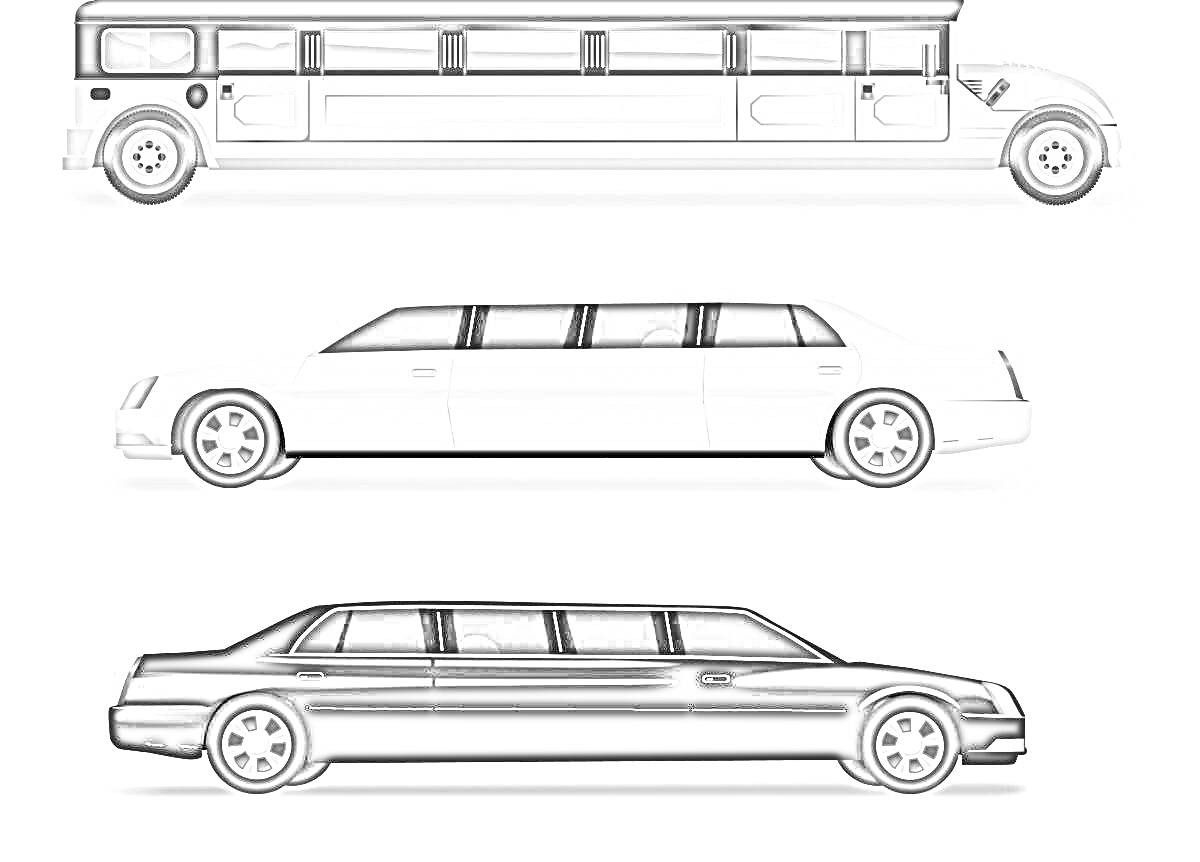 Раскраска Три лимузина: классический ретро лимузин (чёрно-белый), современный лимузин (белый), современный лимузин (чёрный)