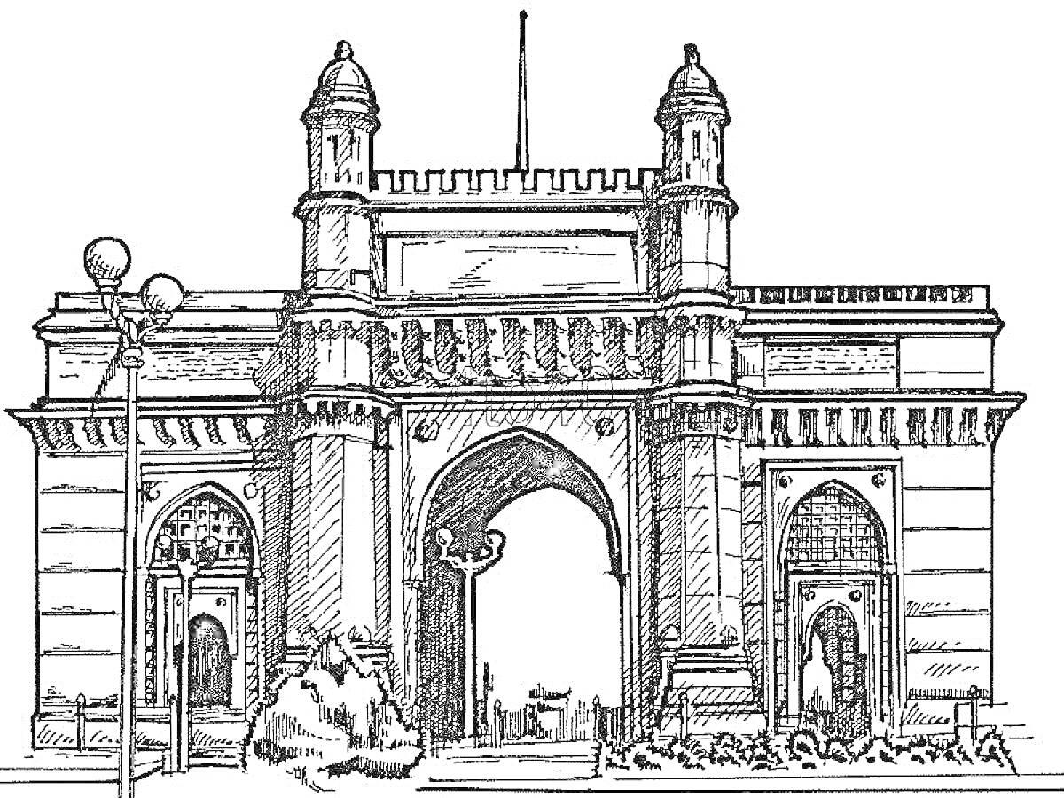 Раскраска Триумфальная арка в Краснодаре, с башенками, центральной аркой, декоративными элементами, фонарным столбом и кустами на переднем плане.