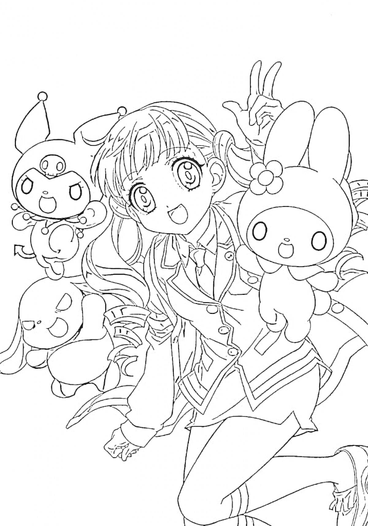 Раскраска Девочка и персонажи Куроми и Мелоди в школьной форме с прибавочками в руках