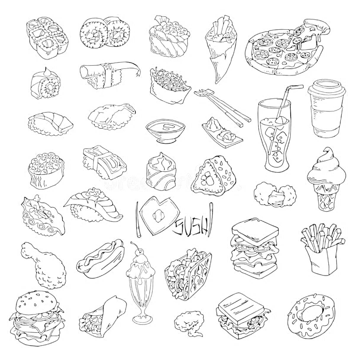 На раскраске изображено: Суши, Гамбургер, Хот-дог, Пицца, Сэндвич, Мороженое, Напиток