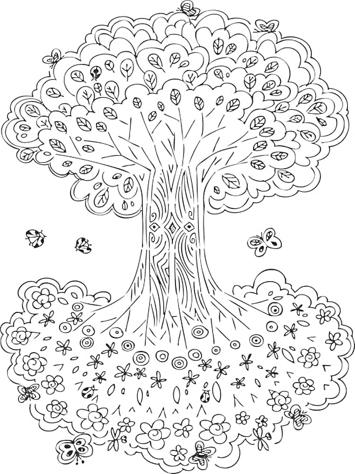 Раскраска Дерево жизни с цветами и бабочками