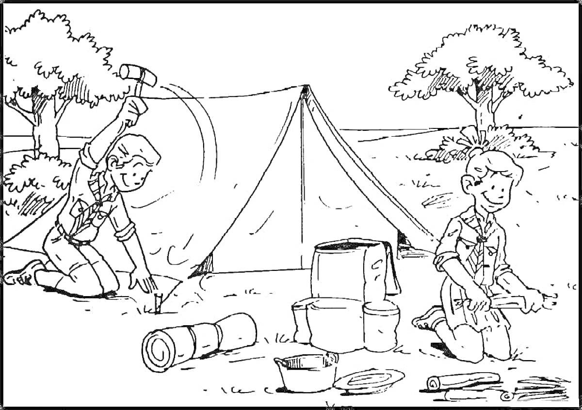 Раскраска Установка палатки в походе. На изображении видно, как двое детей устанавливают палатку на природе. Один ребенок забивает колышек молотком, второй занимается подготовкой вещей. На переднем плане изображены коврик, котелок, миска, ложка и одеяло. На заднем 