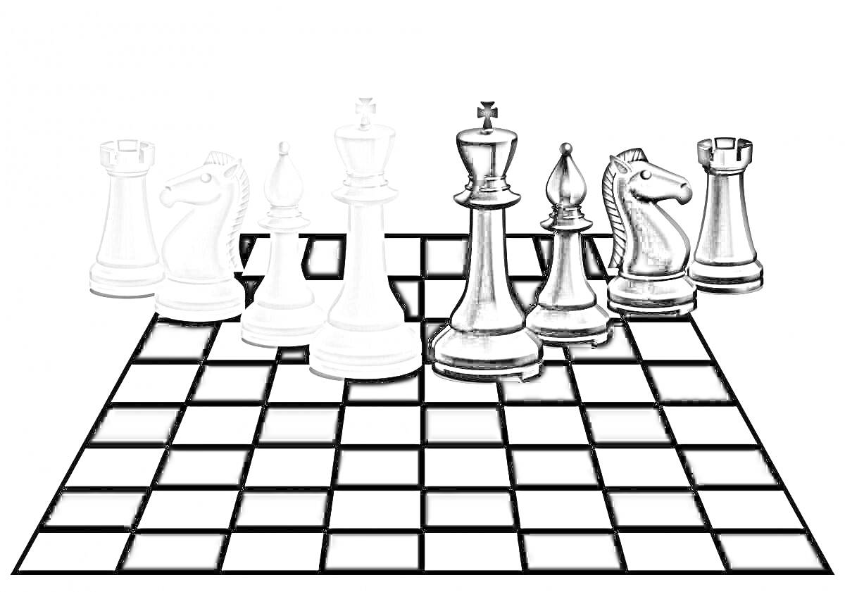 Раскраска Шахматная доска с белыми и черными фигурами (ладья, конь, ферзь, король, слон, пешка)