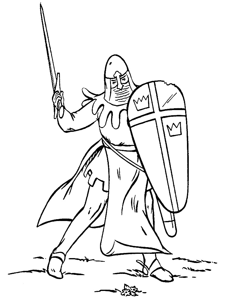 Раскраска Рыцарь с мечом и щитом, стоящий в боевой стойке