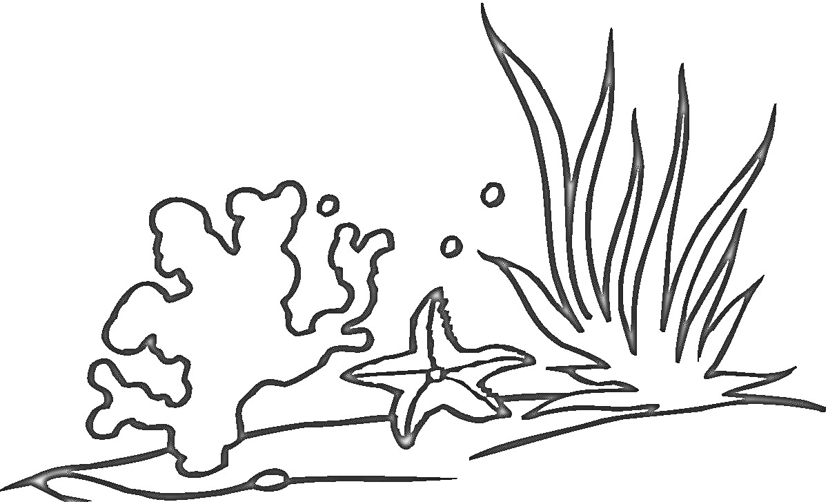 На раскраске изображено: Водоросли, Камни, Море, Морское дно, Растения, Подводный мир, Океаны, Пузыри, Морские звезды