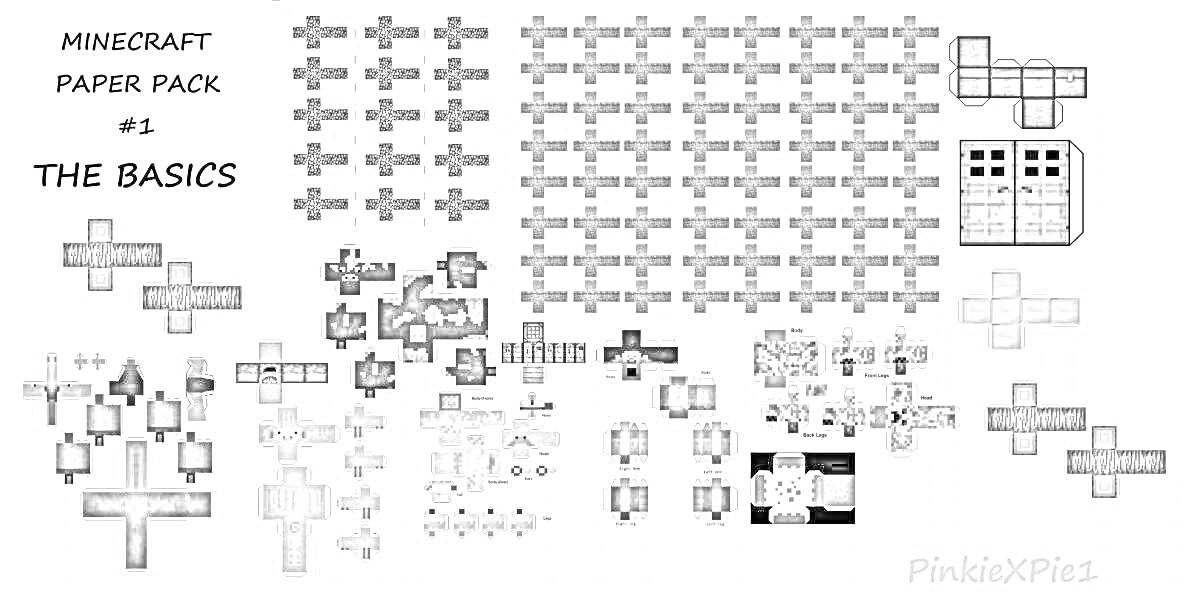 Раскраска Комплект для оригами Майкнкрафт #1 - Основы. Включает разнообразные шаблоны для создания кубов, персонажей, сундуков, блоков и других элементов из игры.