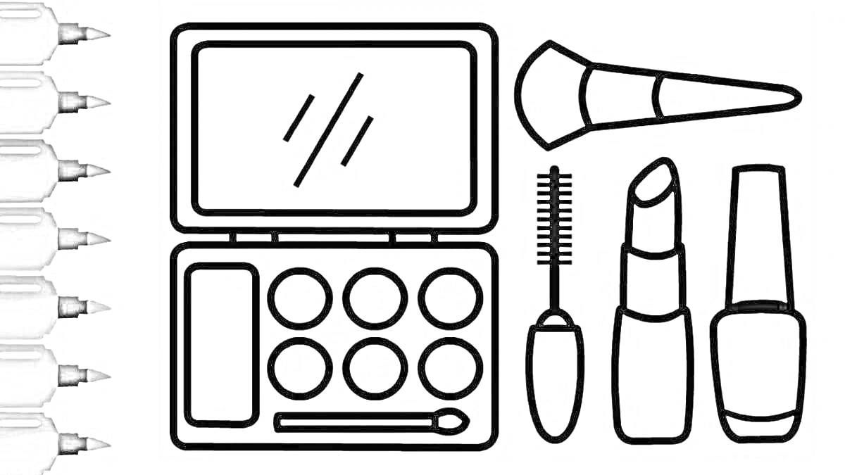 Раскраска Палетка с косметикой, кисточка, тушь, губная помада, лак для ногтей