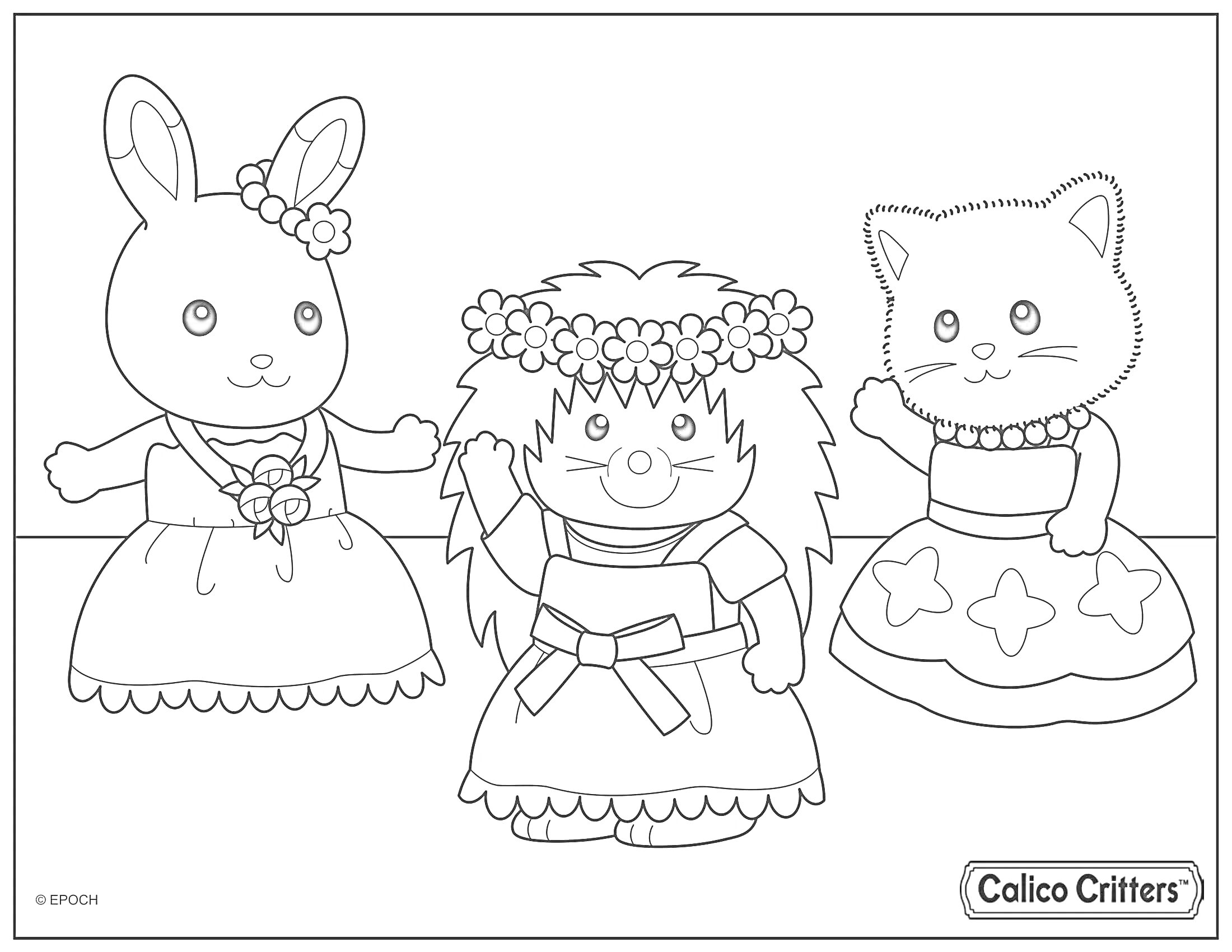 На раскраске изображено: Сильваниан Фэмилиес, Кролик, Платье, Цветы, Игрушки, Животные