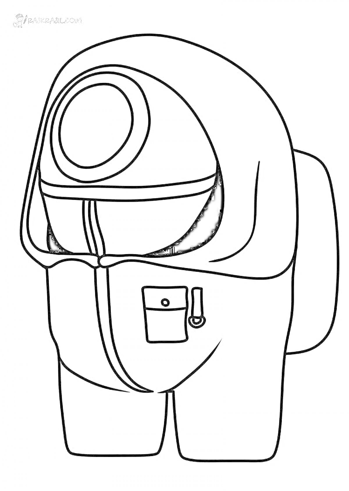 Раскраска Охранник из игры в кальмара в стиле Among Us с капюшоном, круглой маской и карманом на молнии