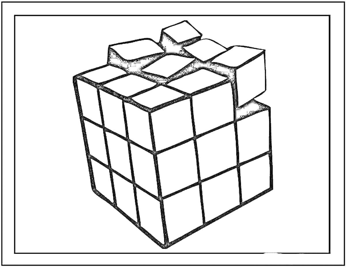 Раскраска Черно-белая раскраска с изображением частично разобранного кубика Рубика
