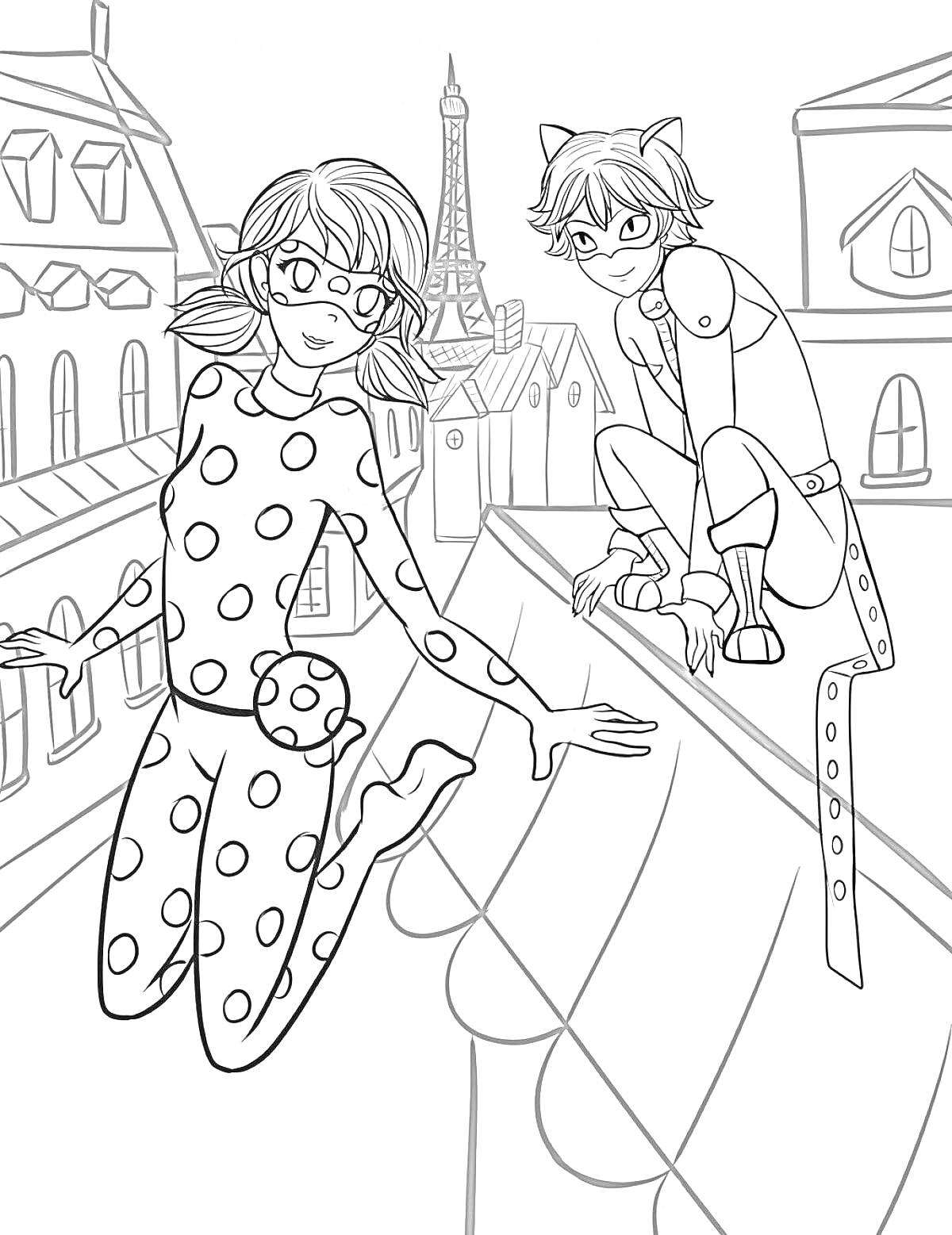 Леди Баг и Супер Кот на крыше домов в Париже