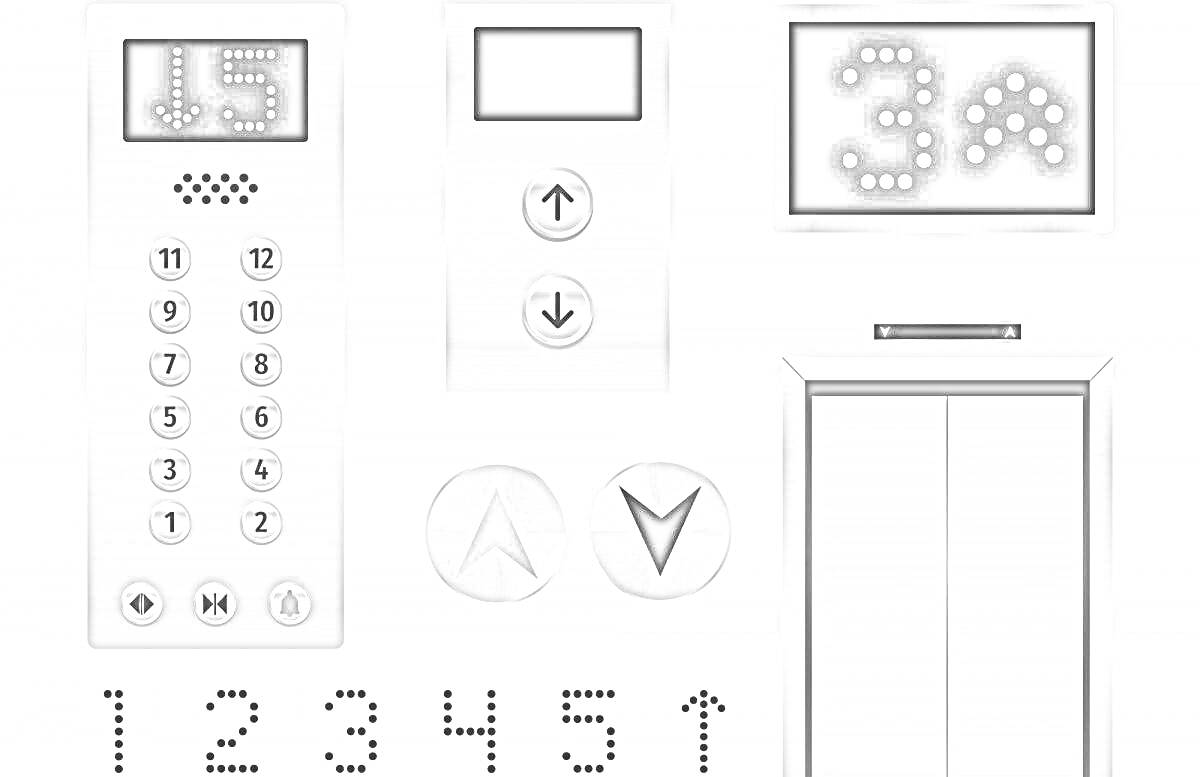 Раскраска Панель с кнопками лифта, индикатор этажей, кнопки вверх и вниз, открытая и закрытая двери лифта, цифровое табло