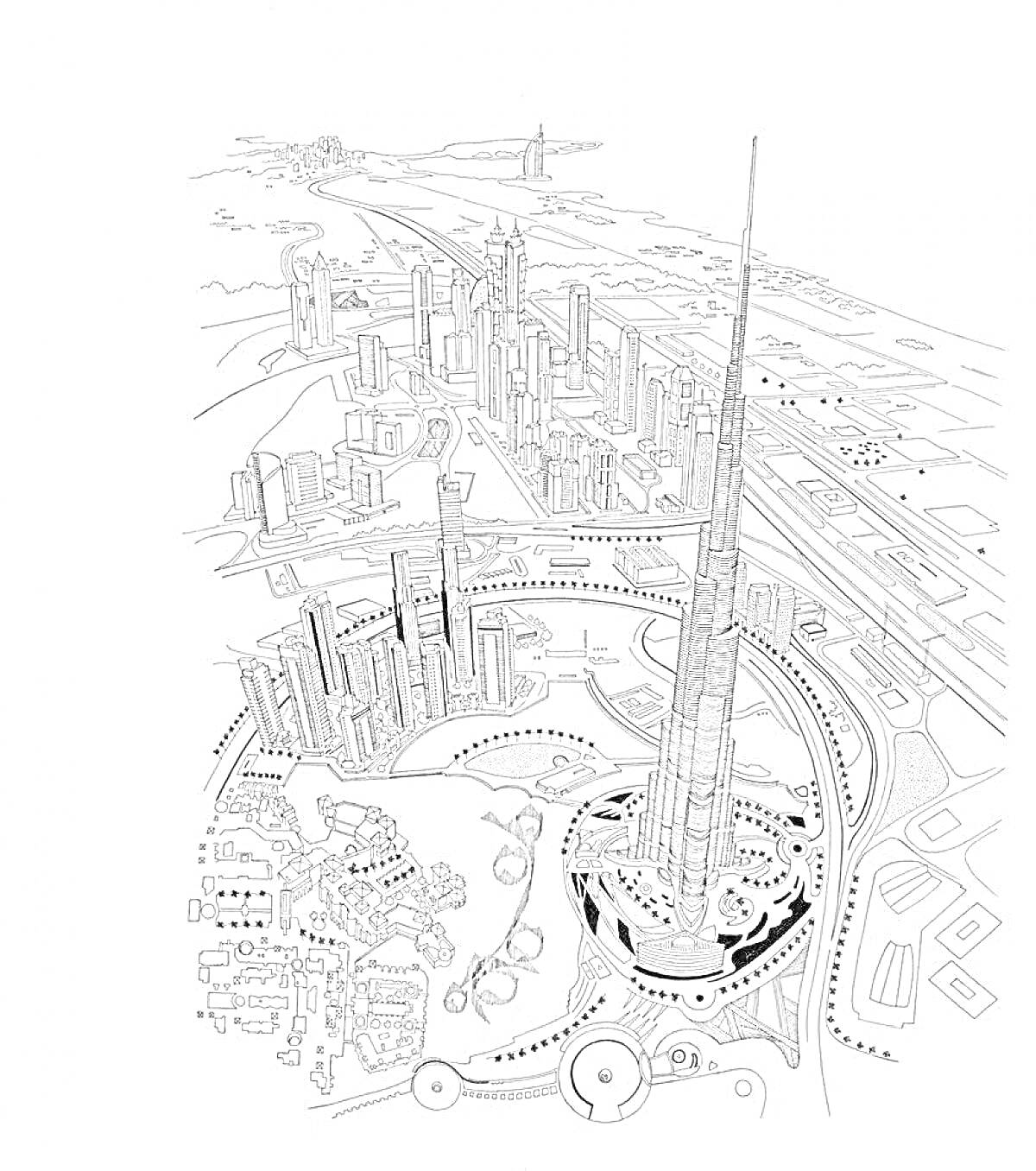 Раскраска Вид на небоскрёбы Дубая, включая Бурдж-Халифа и окружающие здания и инфраструктуру