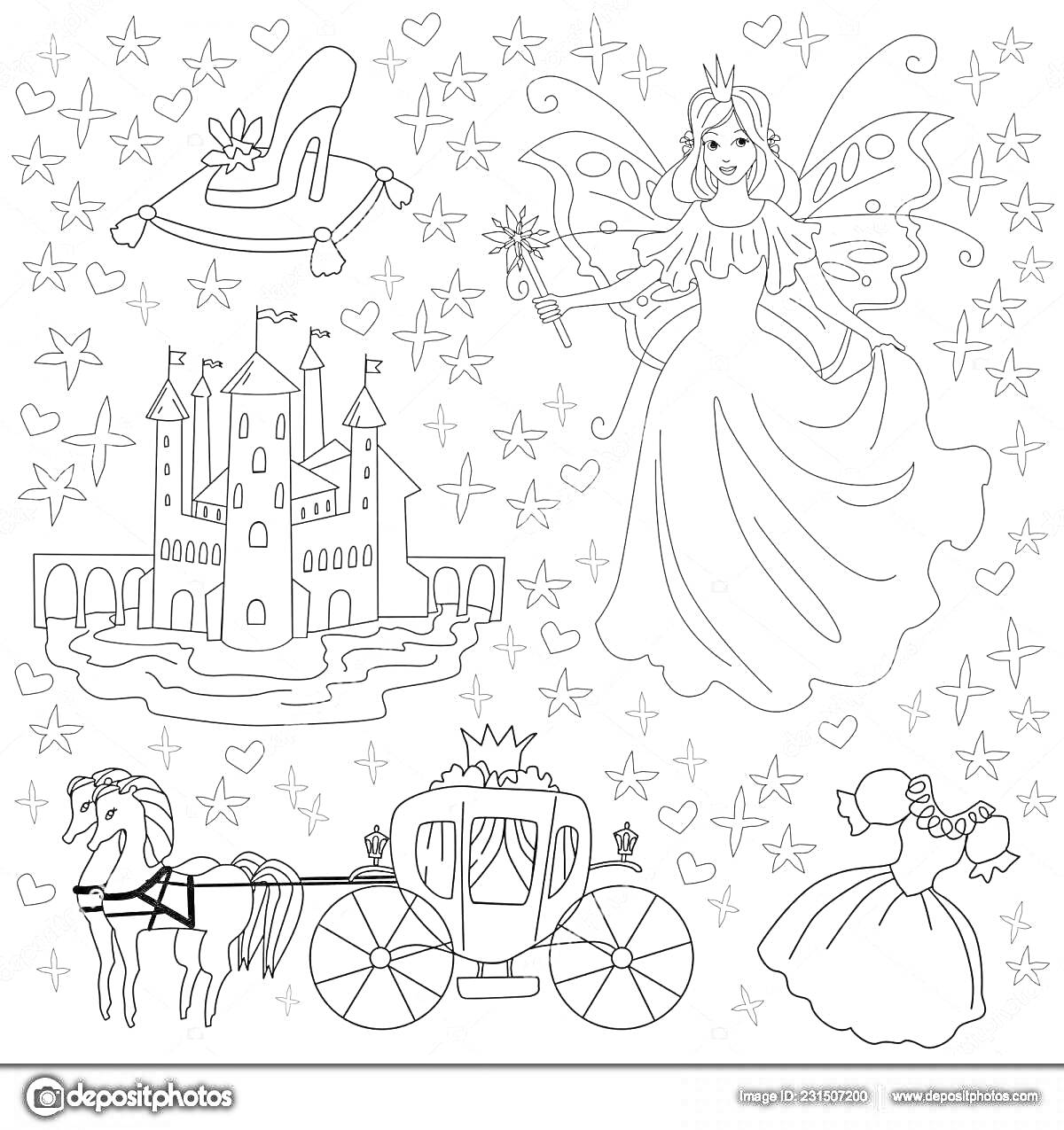 На раскраске изображено: Принцесса, Фея, Карета, Замок, Фон, Звезды, Платье