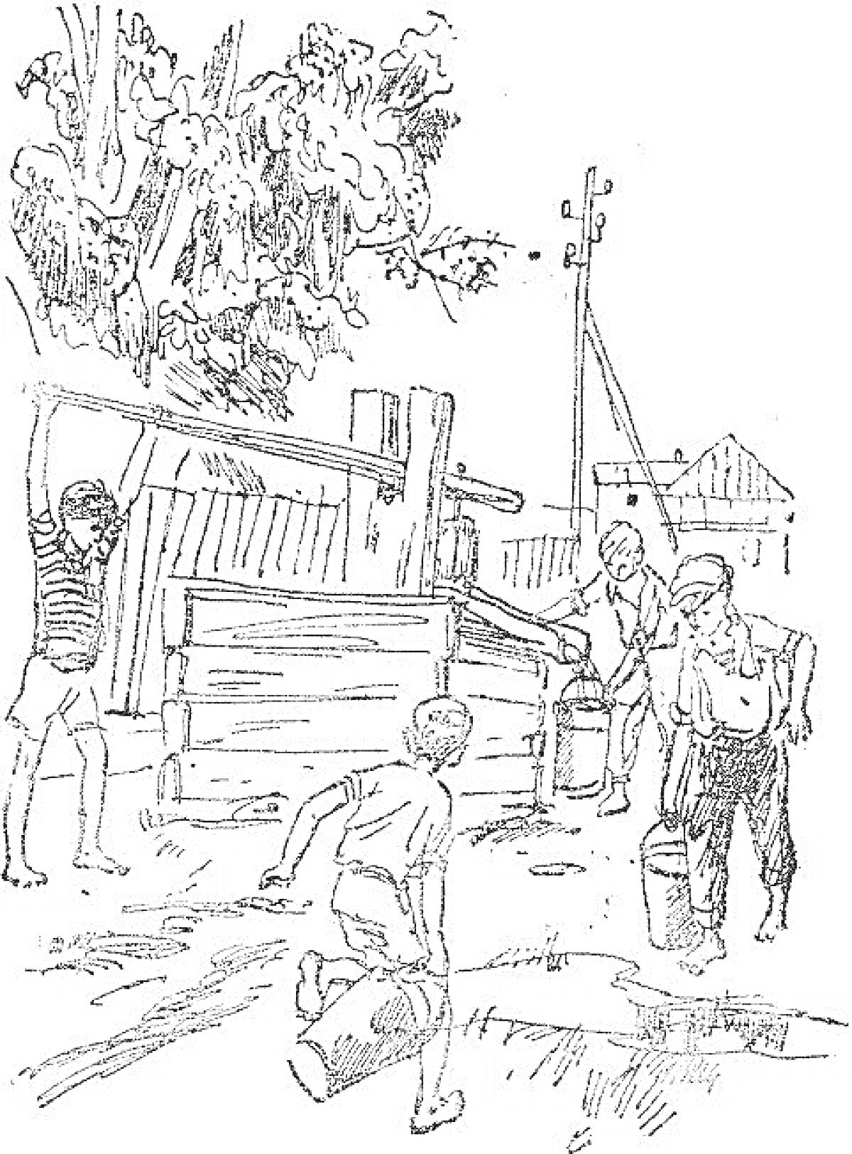 Раскраска Дети на колодце, мальчик качает воду, мальчик держит ведро, мальчик присел с банкой, дерево, забор