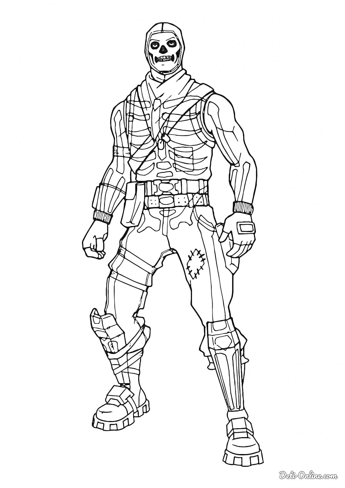 Раскраска Персонаж из игры в костюме скелета, с ремнями и напульсником, в сапогах