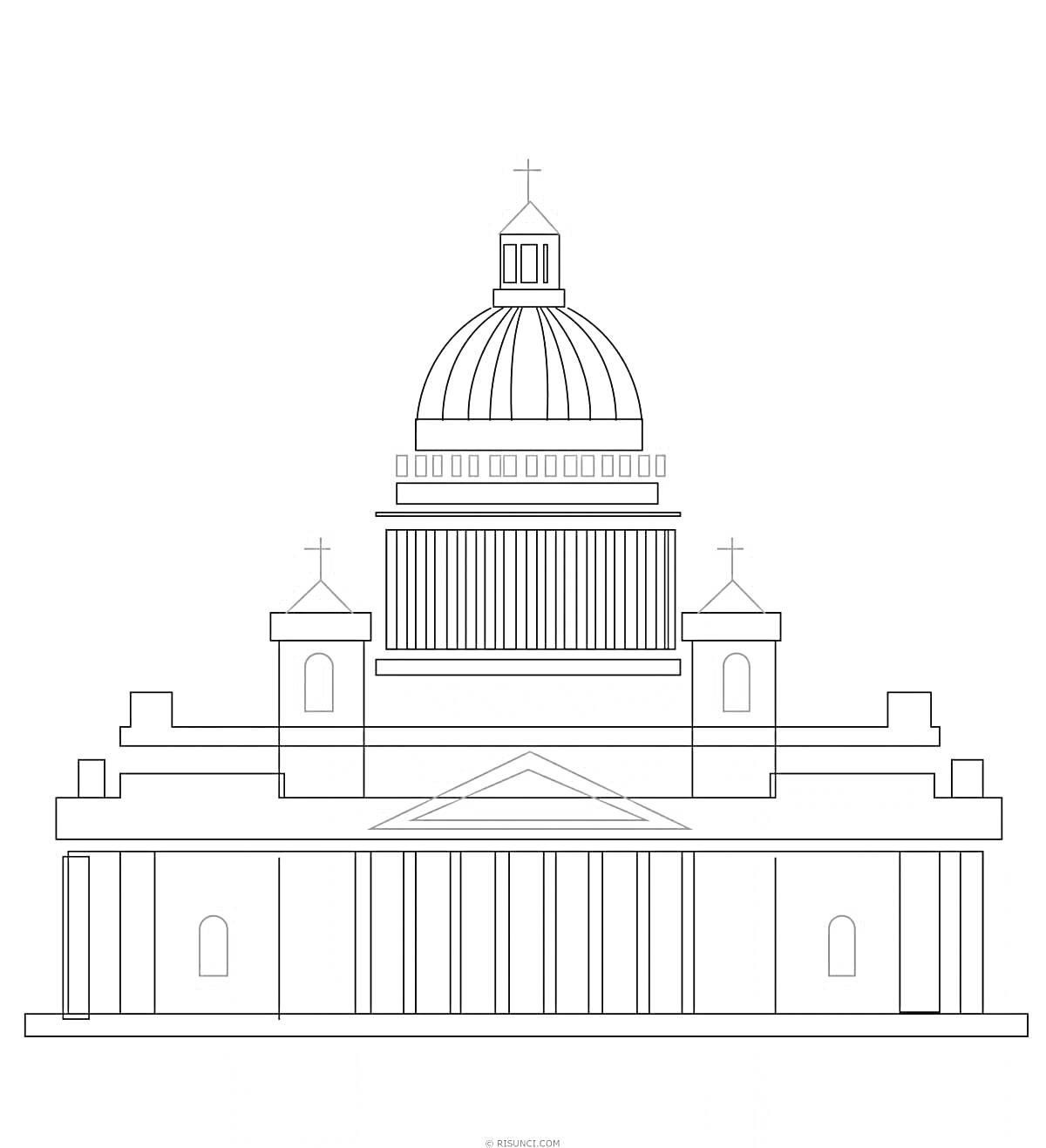 На раскраске изображено: Исаакиевский собор, Санкт-Петербург, Архитектура, Колонны, Храм
