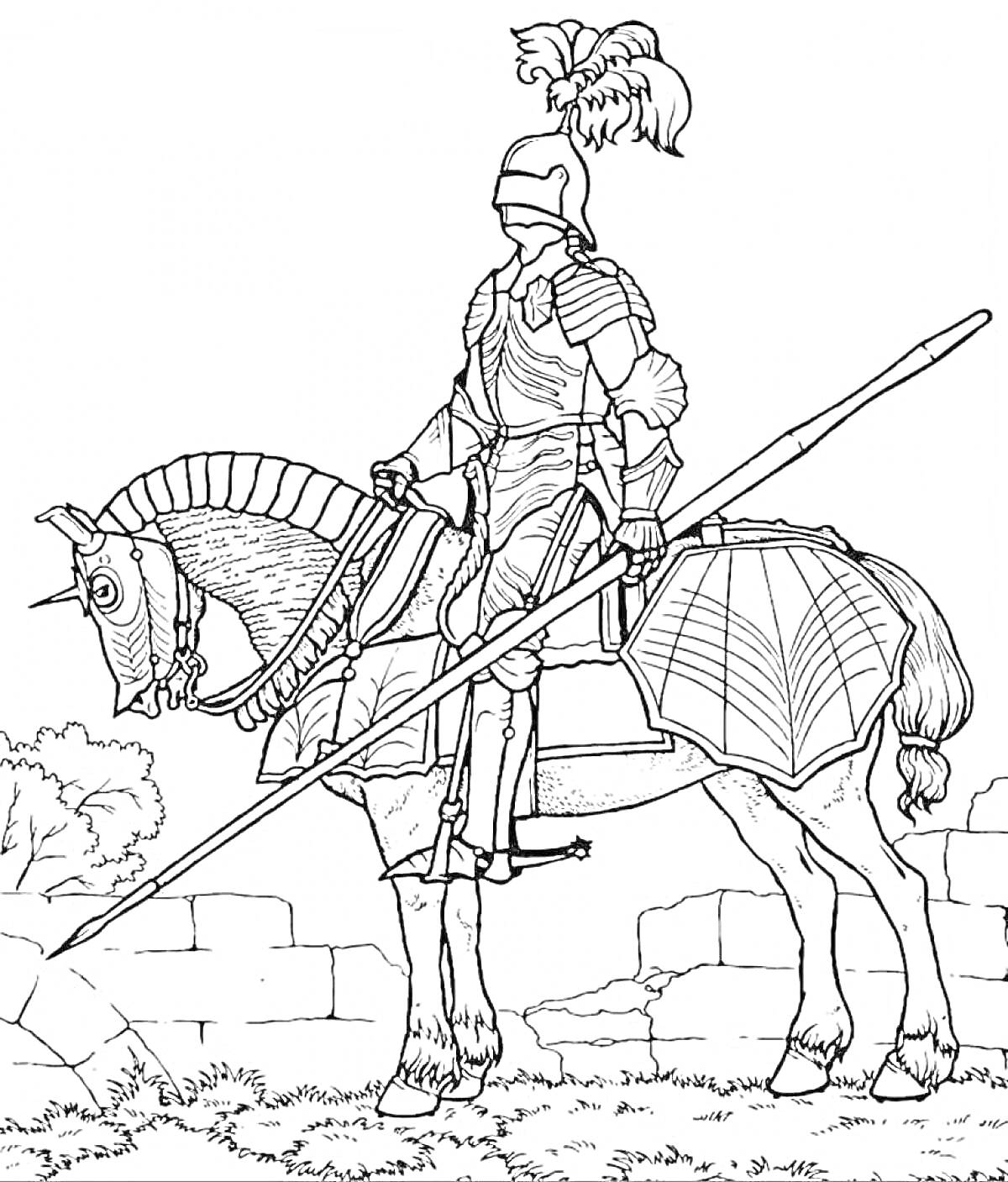 На раскраске изображено: Доспехи, Лошадь, Щит, Кусты, Каменная стена, Средневековье, Конь