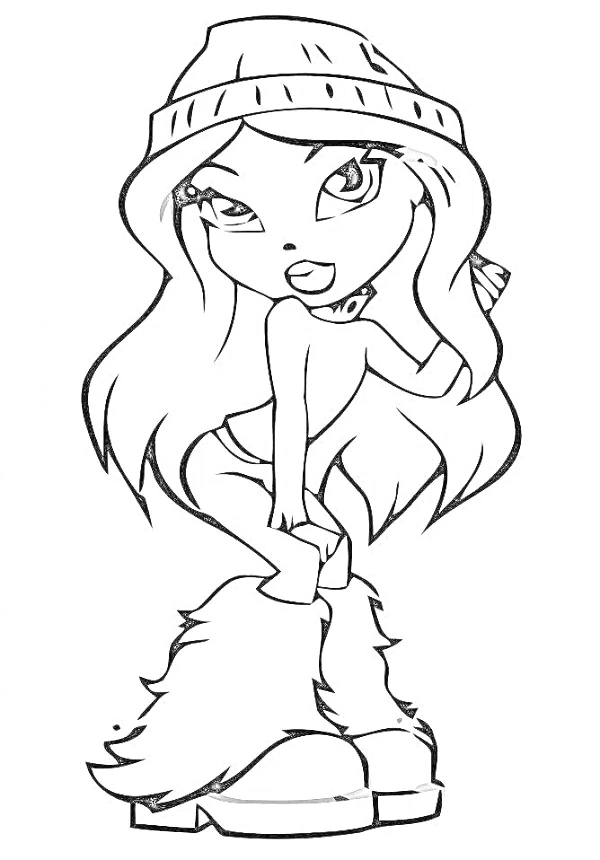 Раскраска Девушка в шапке с длинными волосами и пушистыми сапогами
