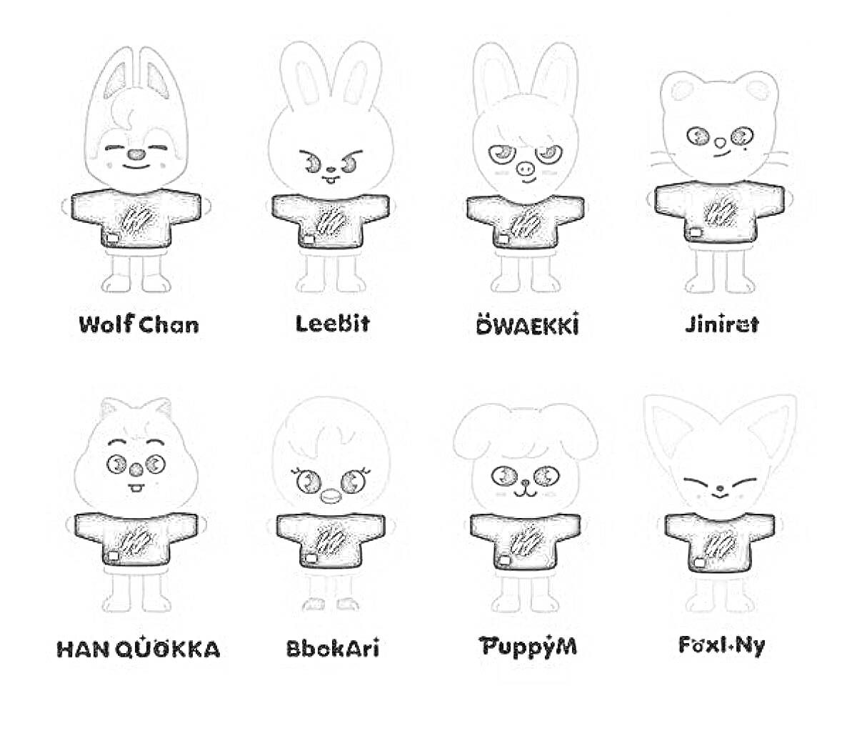 Восемь персонажей SKZOO: Wolf Chan, Leebit, Dwaekki, Jiniret, Han Quokka, BbokAri, PuppyM, Foxi-Ny, в черных свитерах