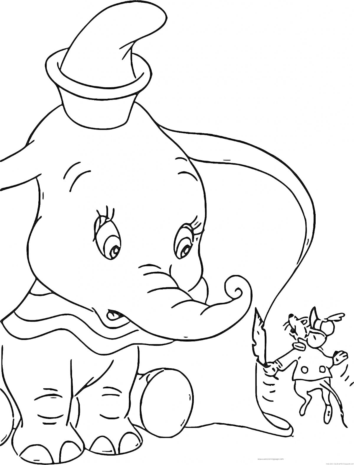 На раскраске изображено: Дамбо, Шляпа, Цирк, Животные