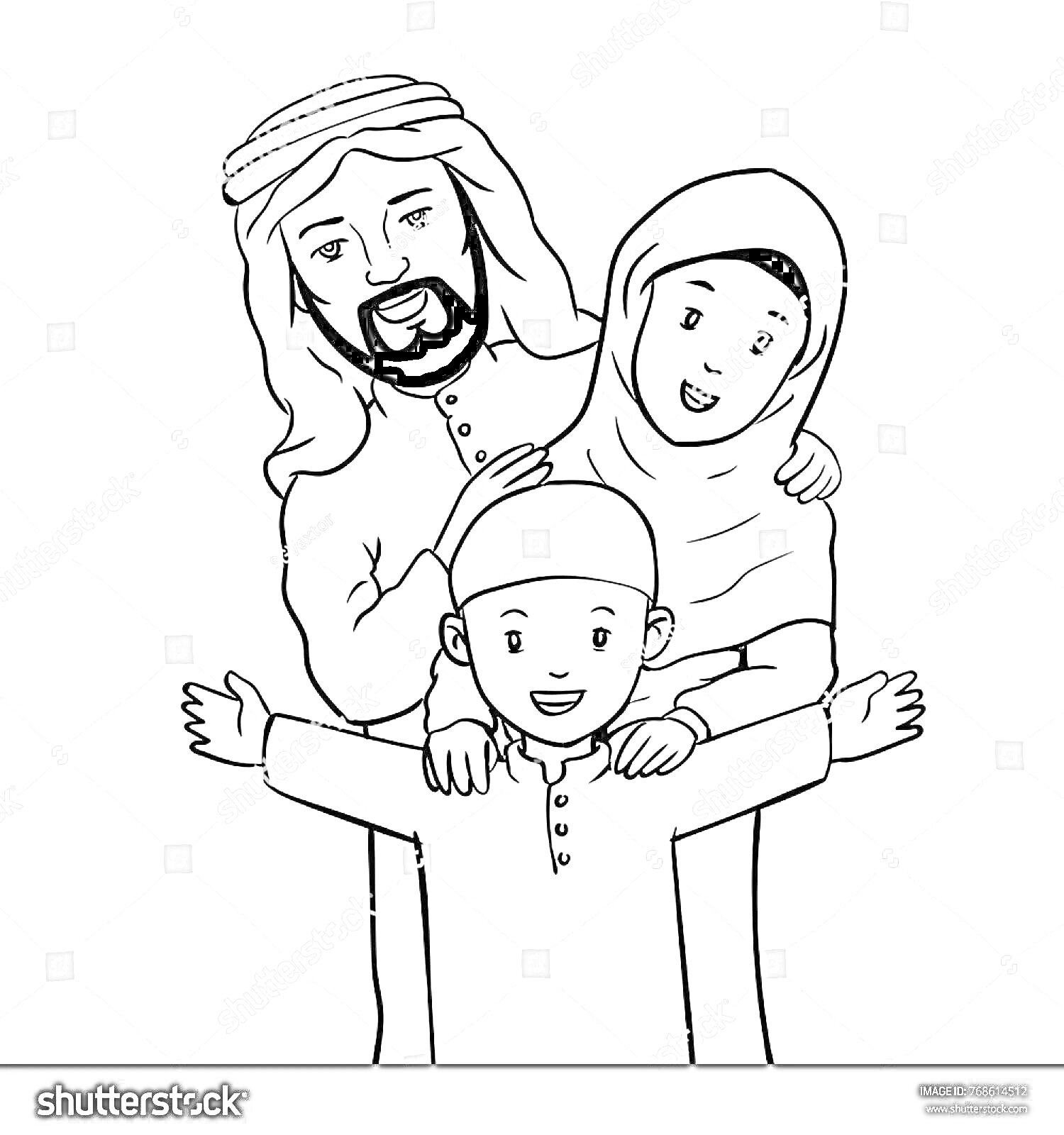 На раскраске изображено: Семья, Родители, Ребенок, Традиционная одежда, Иллюстрация, Ислам, Отец, Сын, Хиджаб, Борода, Мусульманка, Мальчик