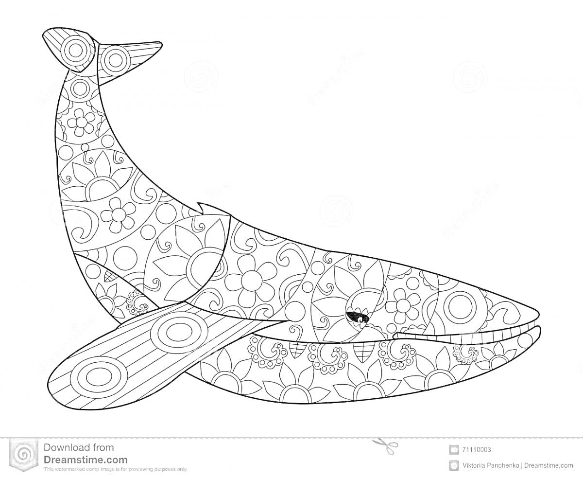 Раскраска антистресс раскраска с китом, заполненный узорами и цветами