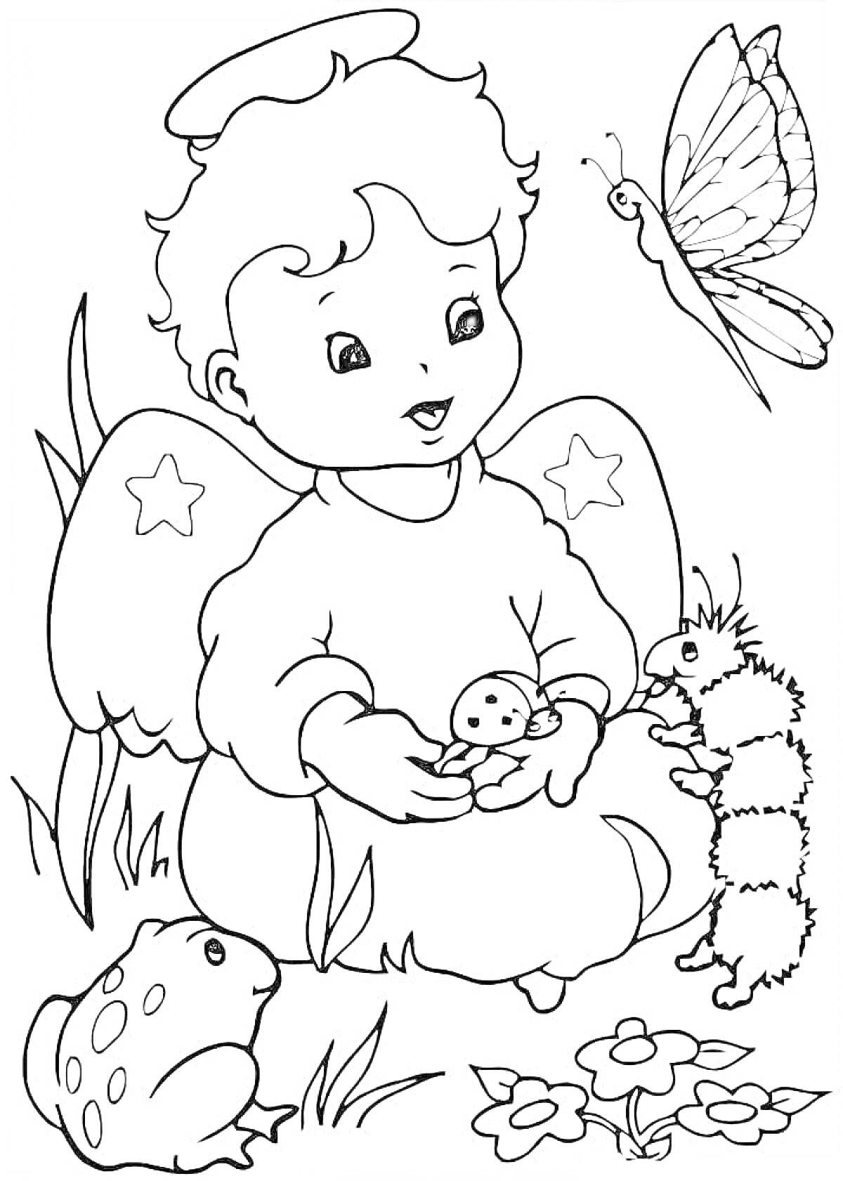 Раскраска Ангелочек с крыльями и звездами, держащий божью коровку, рядом игрушечная гусеница, лягушка и бабочка на цветах.