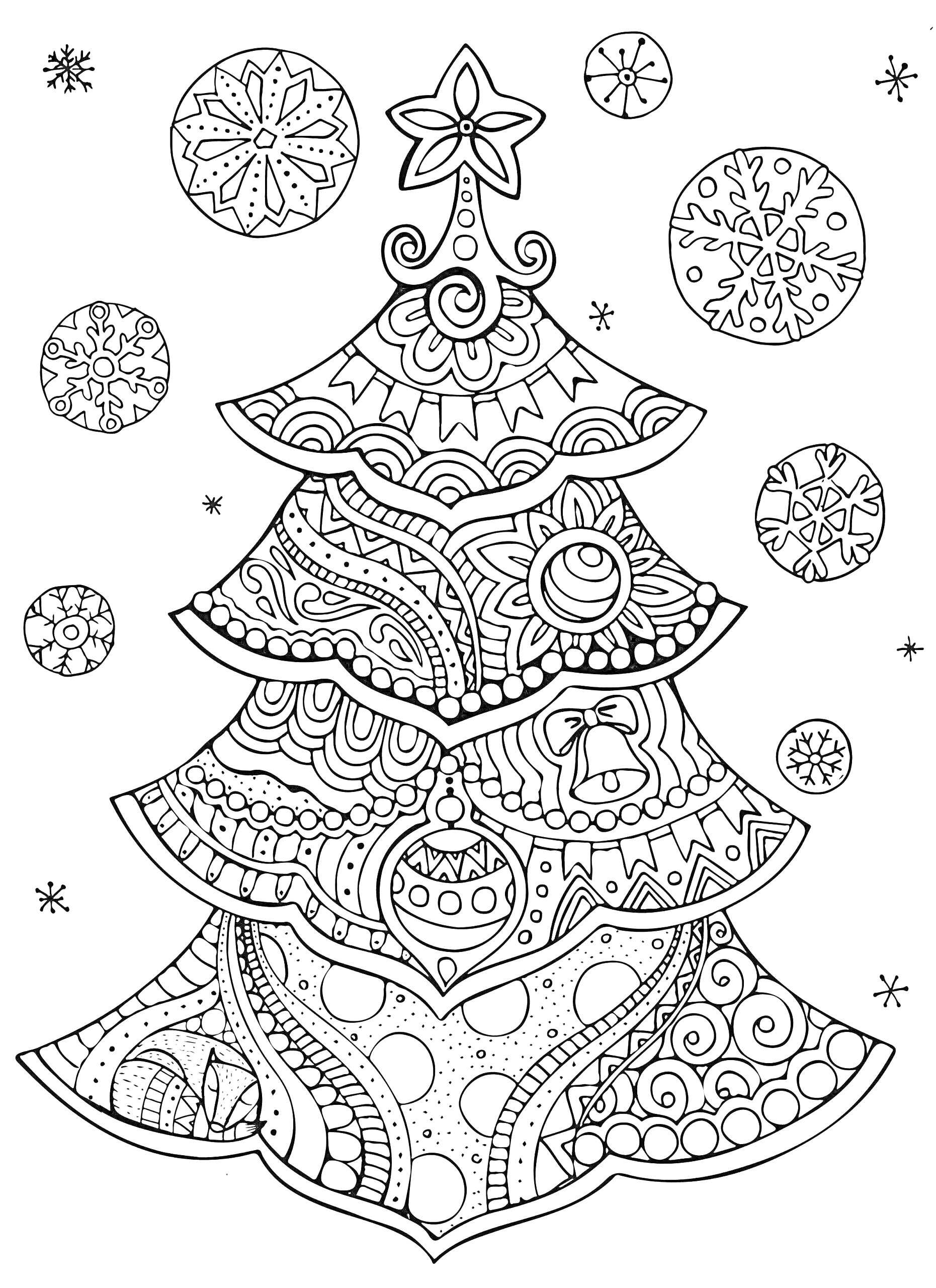 На раскраске изображено: Рождество, Новогоднее дерево, Украшения, Снежинки, Для детей
