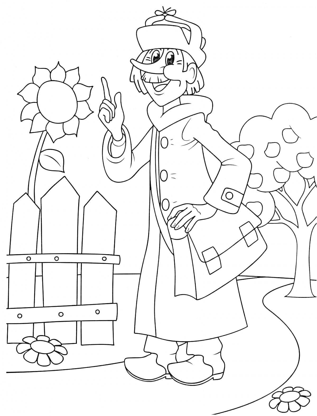 На раскраске изображено: Человек, Пальто, Шляпа, Сумка, Забор, Деревья, Цветы