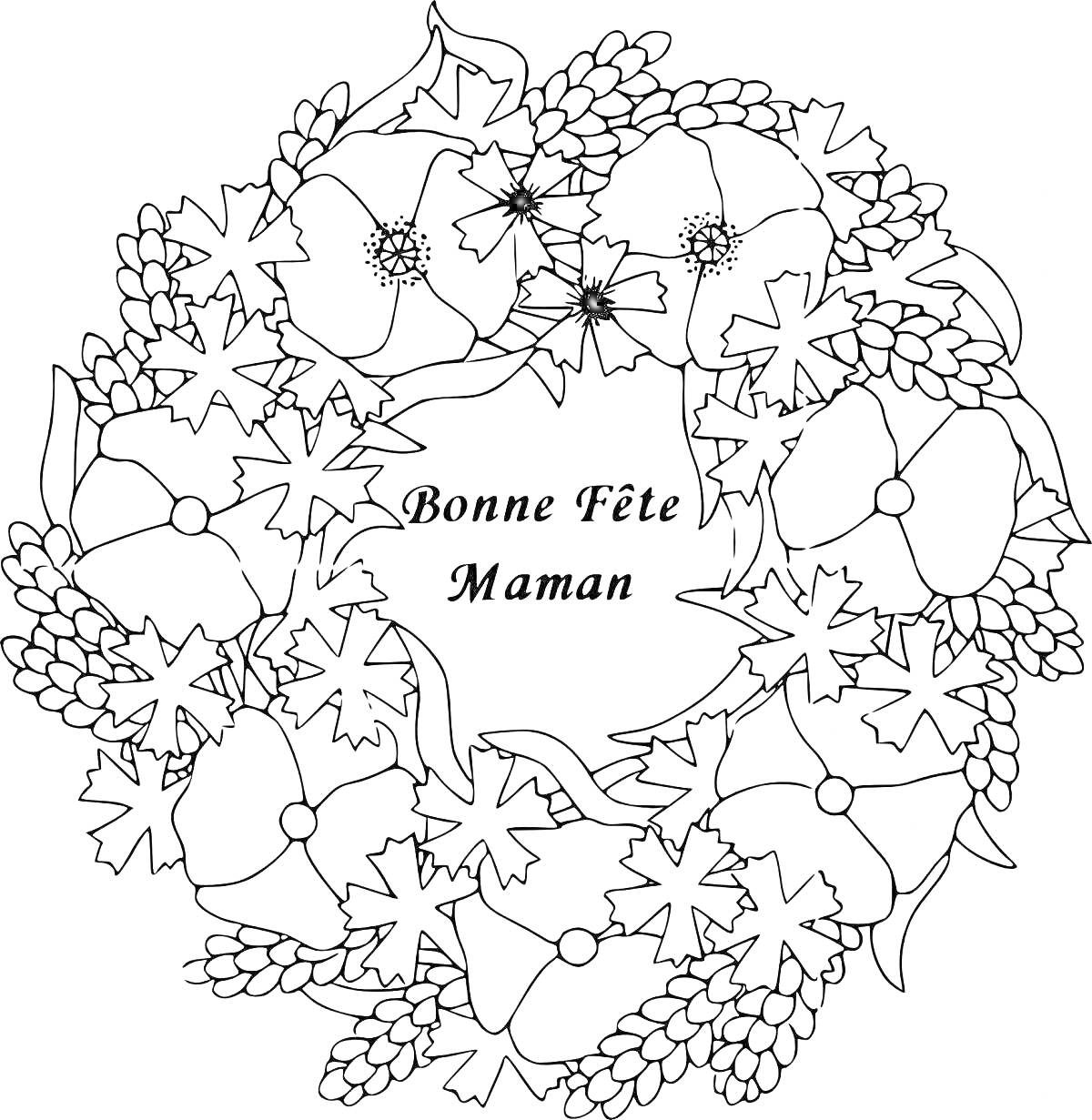На раскраске изображено: Венок, Кленовые листья, Надпись, Французский, Мама, Цветы