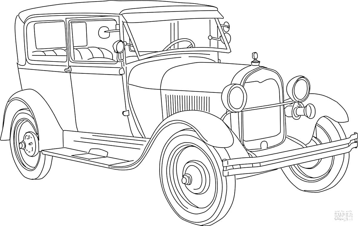 На раскраске изображено: Винтажный автомобиль, Ретро машина, Фары, Запасное колесо, Иллюстрация, Транспорт