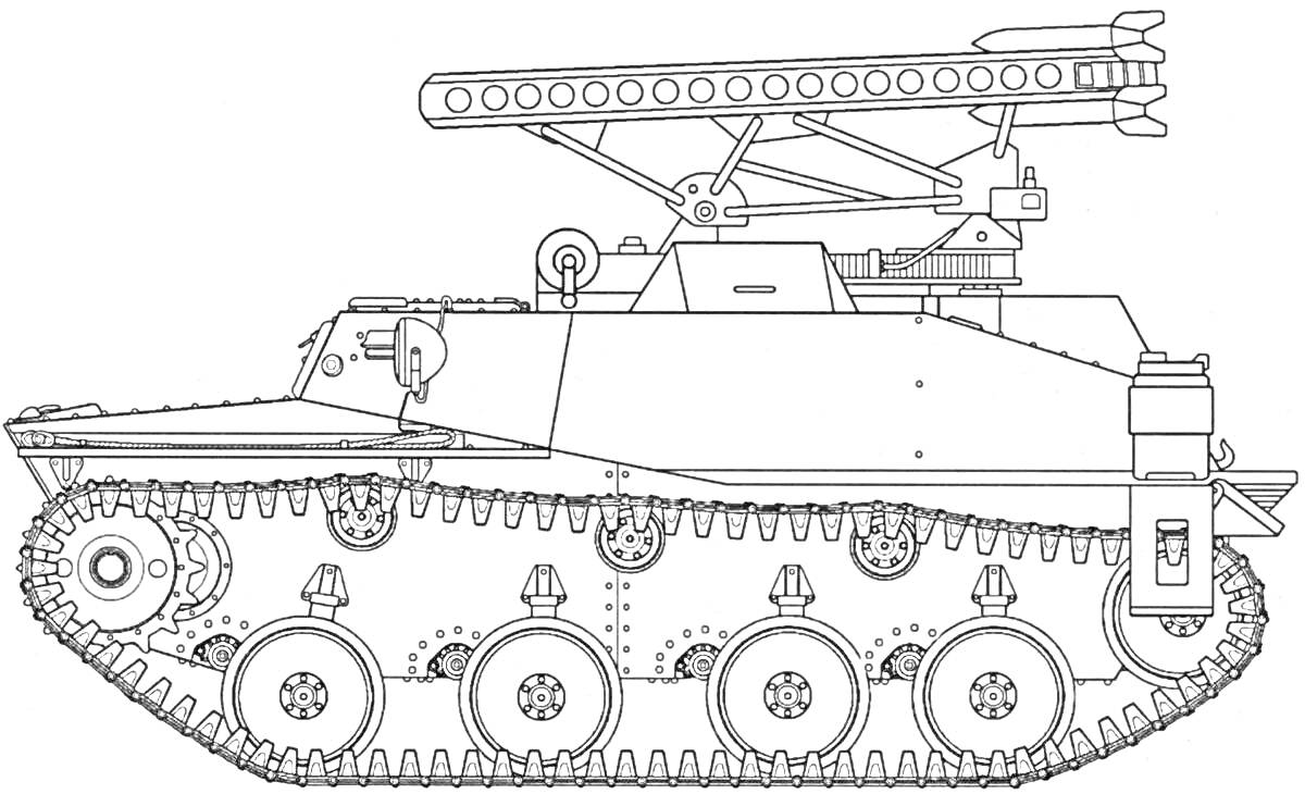 На раскраске изображено: Танк, Военная техника, Пусковая установка, Бронированная машина, Гусеницы