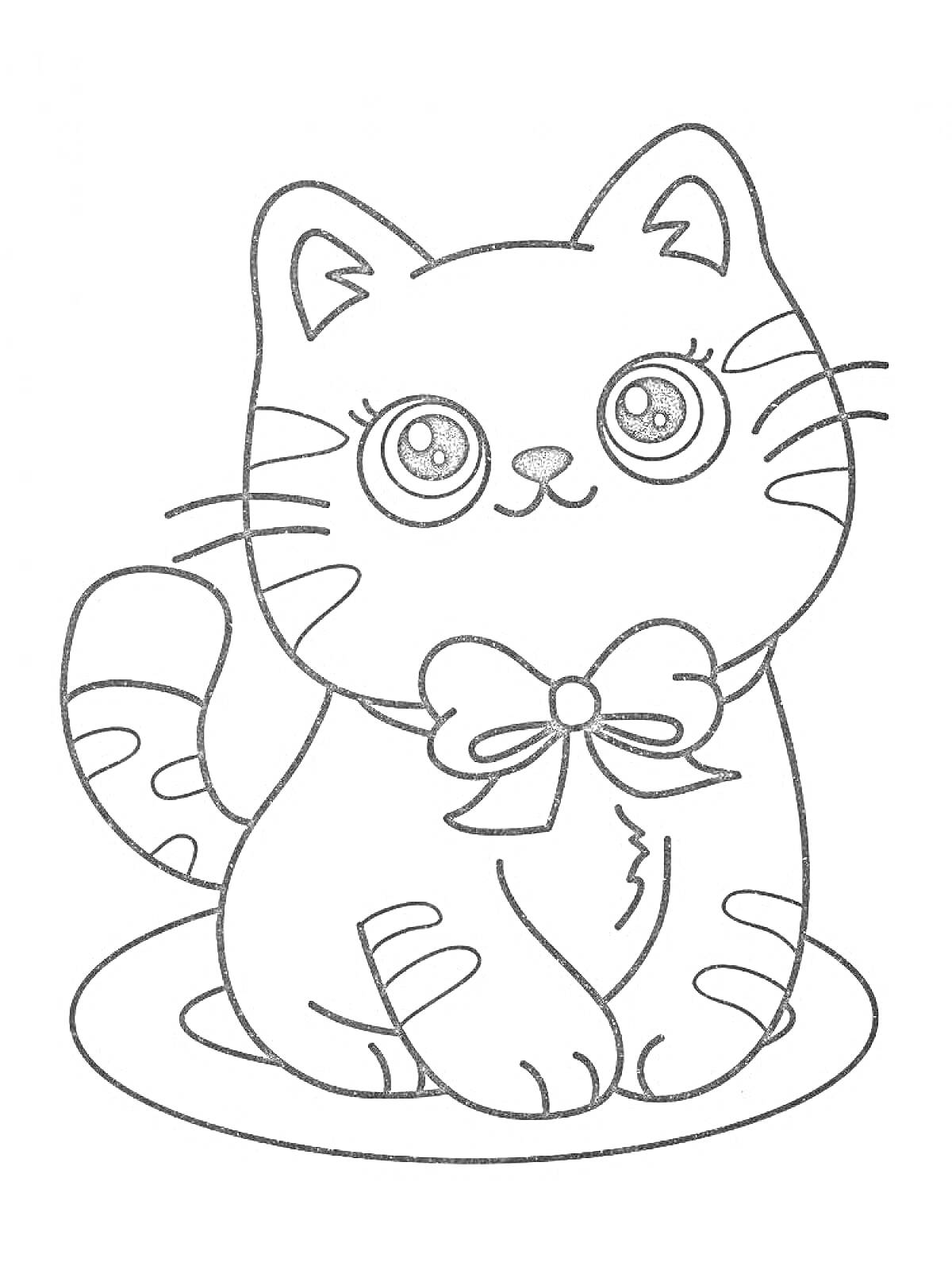 Раскраска Котик, сидящий на блюдце, с бантом на шее и полосками на хвосте
