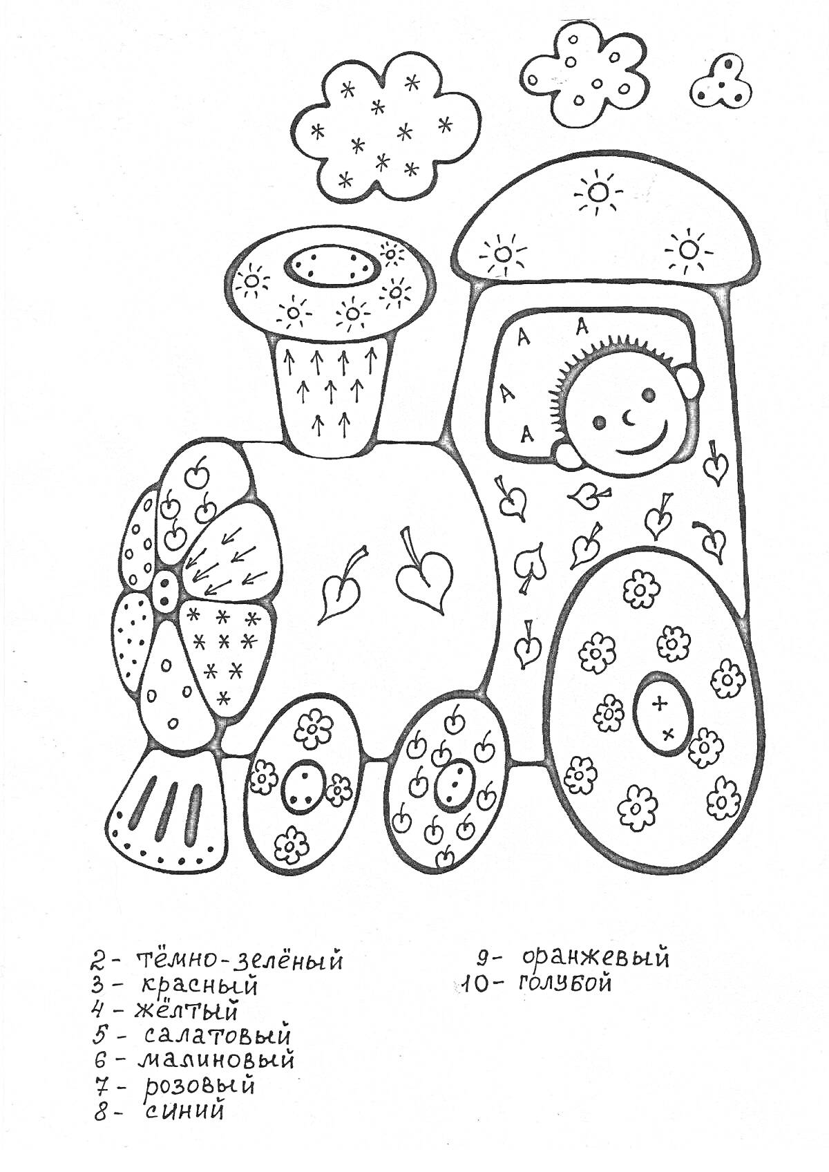 Раскраска Паровозик с цифрами 1-10, цветы, облака, бабочки