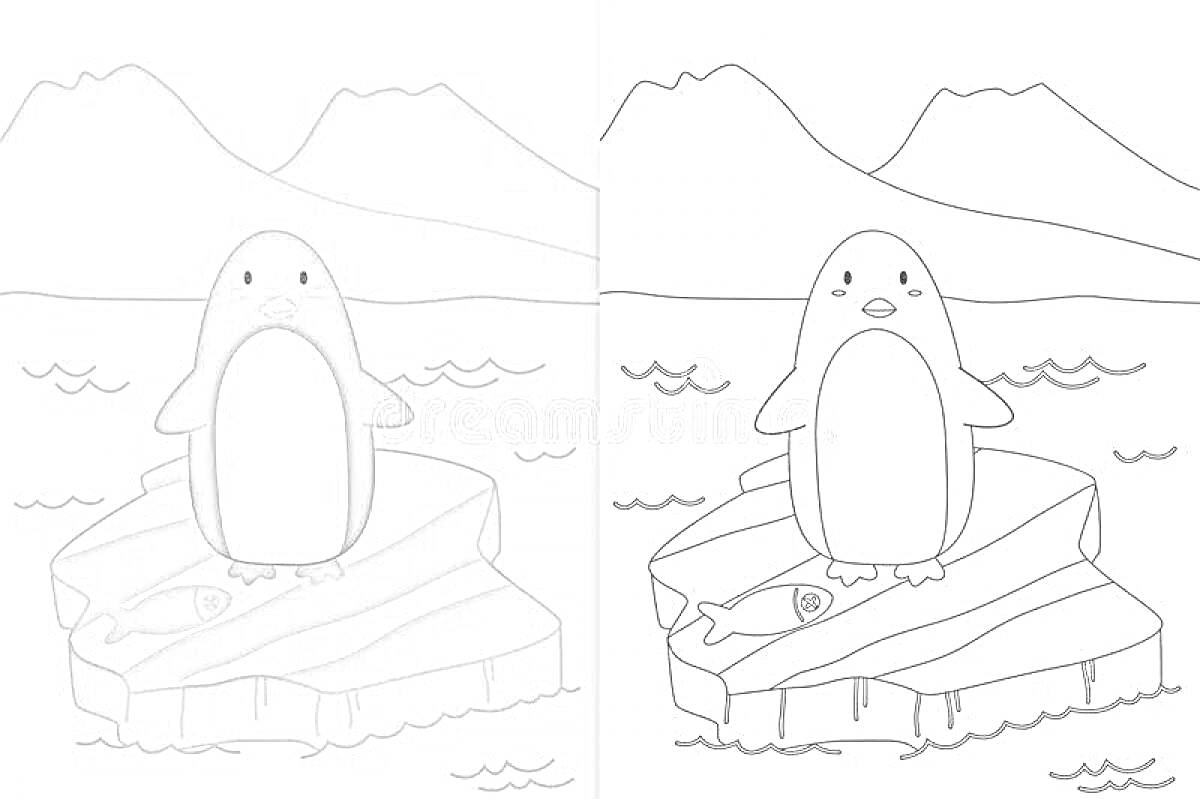 Раскраска Пингвин на льдине с рыбой и горами на заднем плане